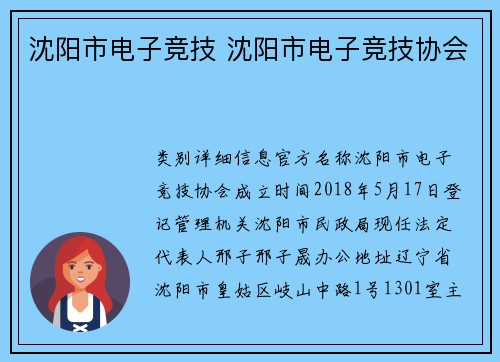 沈阳市电子竞技 沈阳市电子竞技协会